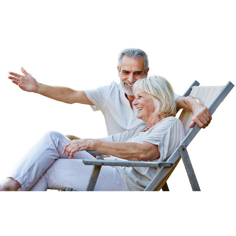 2 glückliche Pensionisten auf einem Liegestuhl